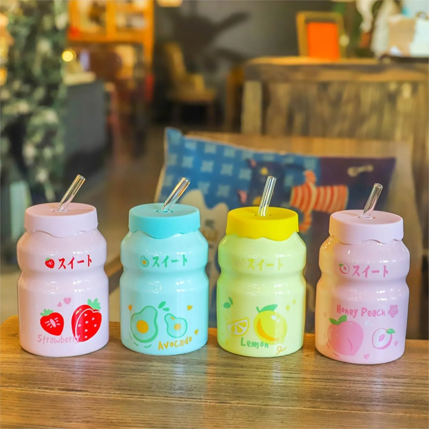 Portable Kettle Water Bottle Milk Juice Bottle with Straw Cute Cups with Lid and Straw Ceramic Mug with Silicone Lid Cute Water Bottle (Color : Yellow, Size : 500ml)
