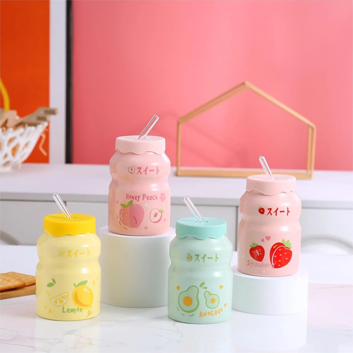 Portable Kettle Water Bottle Milk Juice Bottle with Straw Cute Cups with Lid and Straw Ceramic Mug with Silicone Lid Cute Water Bottle (Color : Yellow, Size : 500ml)