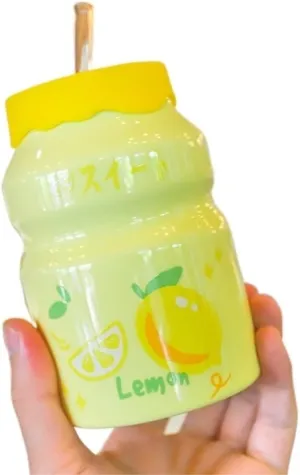 Portable Kettle Water Bottle Milk Juice Bottle with Straw Cute Cups with Lid and Straw Ceramic Mug with Silicone Lid Cute Water Bottle (Color : Yellow, Size : 500ml)