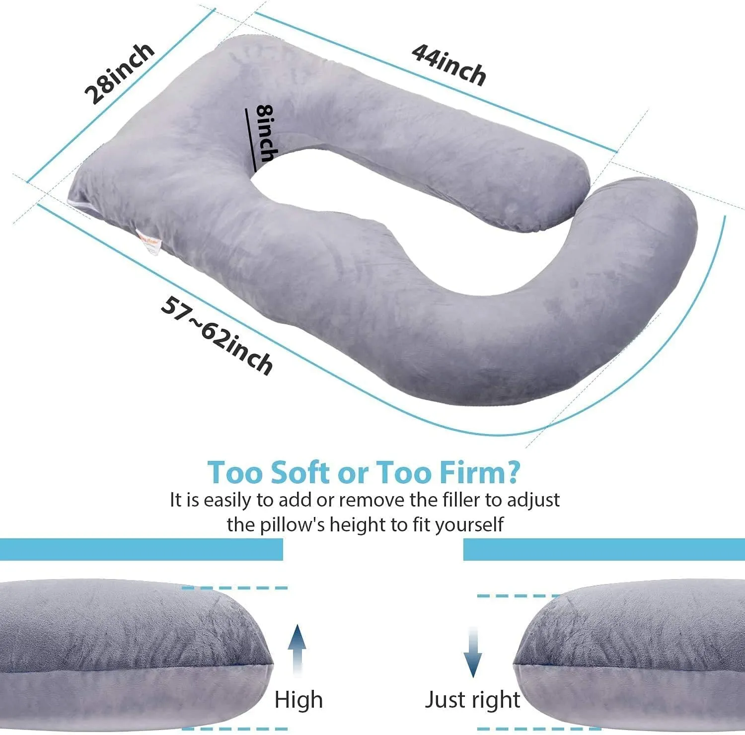 Pregnancy Pillow J-Shaped Full Body Pillow, 59 inch with Velvet Cover Easy to Remove and Wash, Support Pregnant Women's Backs Legs and HIPS, Improve Sleep,Pregnancy Pillow for Women ，Blue Grey