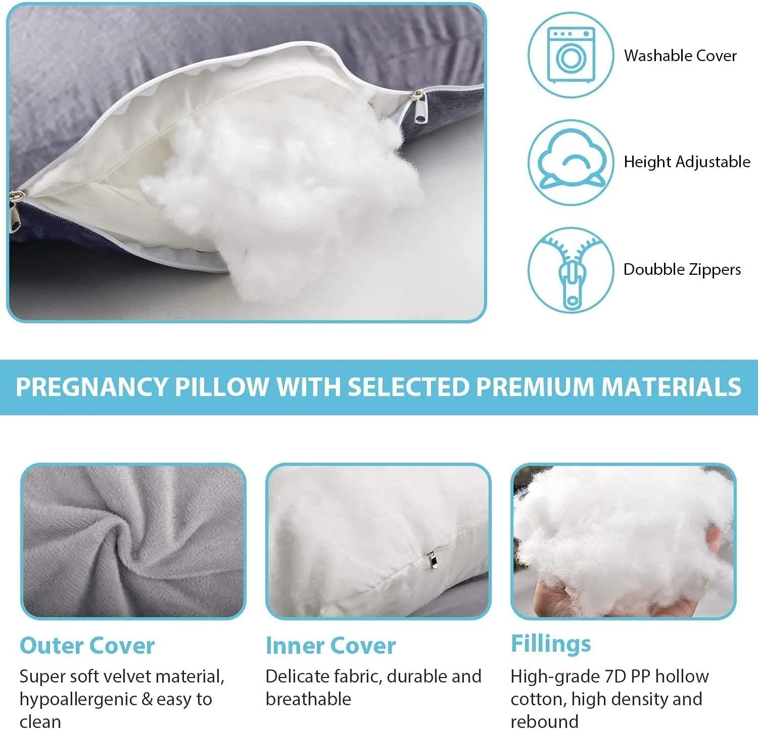 Pregnancy Pillow J-Shaped Full Body Pillow, 59 inch with Velvet Cover Easy to Remove and Wash, Support Pregnant Women's Backs Legs and HIPS, Improve Sleep,Pregnancy Pillow for Women ，Blue Grey