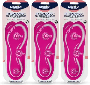 Premier Solutions™ Tri-Balance Gel Orthotic Insoles for Women, 3/4 Length Insoles for Women’s Shoe Sizes 6-10, (Pack of 3)