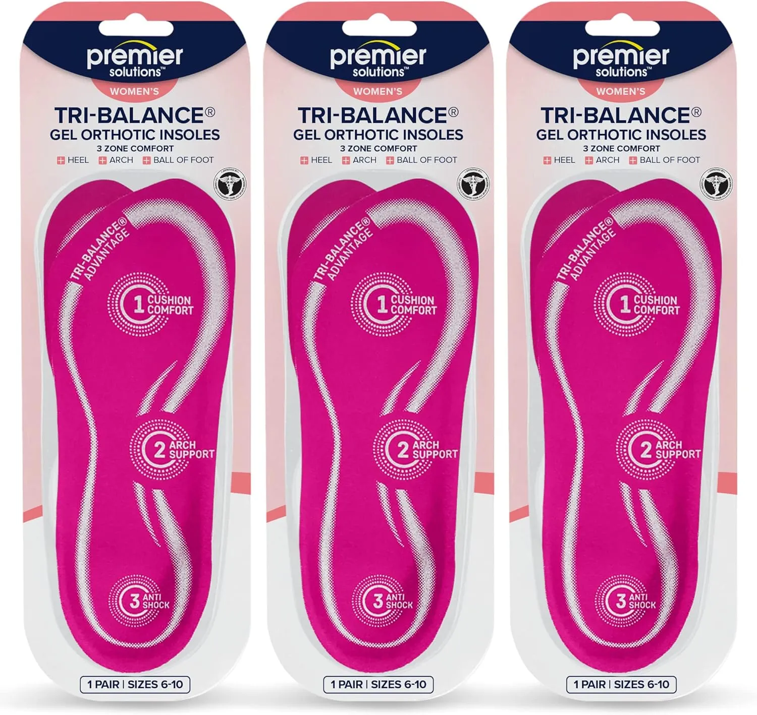 Premier Solutions™ Tri-Balance Gel Orthotic Insoles for Women, 3/4 Length Insoles for Women’s Shoe Sizes 6-10, (Pack of 3)