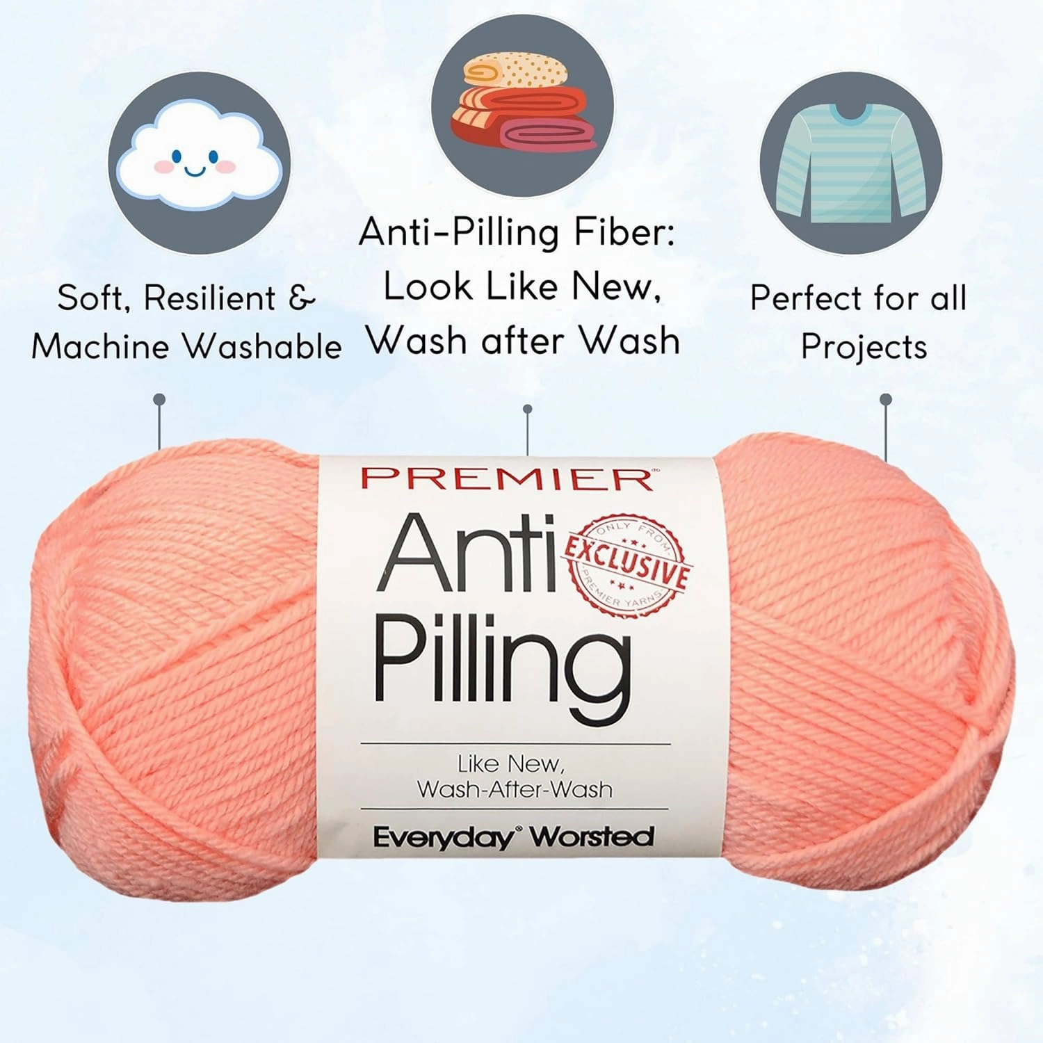 Premier Yarns Everyday Anti-Pilling Solid Soft Peach DN100-55 (3-Skeins - Same Dye Lot) #4 Worsted Weight Acrylic Yarn for Crocheting and Knitting with Knitting Project Bag