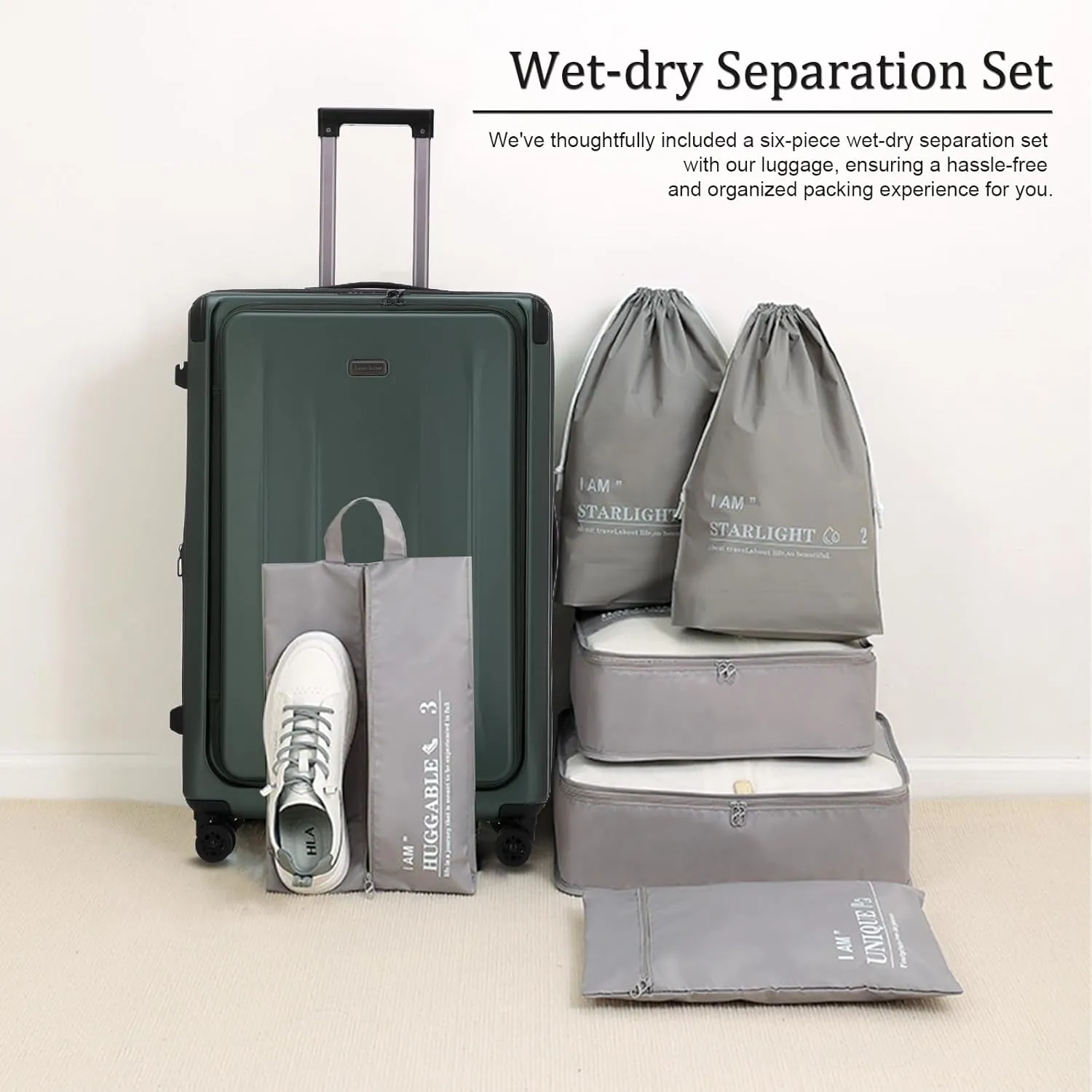 Premium Carry On Luggage, 20 Inch Top Opening Aluminum Frame Lightweight Airline Approved ABS PC Hard Shell Suitcases with Silent Wheels, TSA Lock, Front Pocket and Wet-dry Separated Six-piece Set
