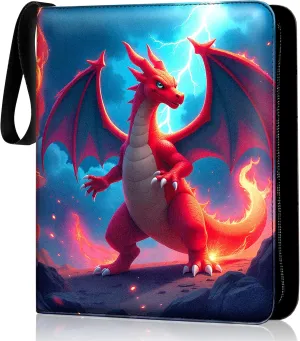 Premium Sports Card Trading Binder, Orange Dragon with Fire & Lightning PU Leather, 900, Card Capacity, 50 Double Sided 9 Pocket Sleeves, 3 Ring Metal Binder, Zipper & Handle Design