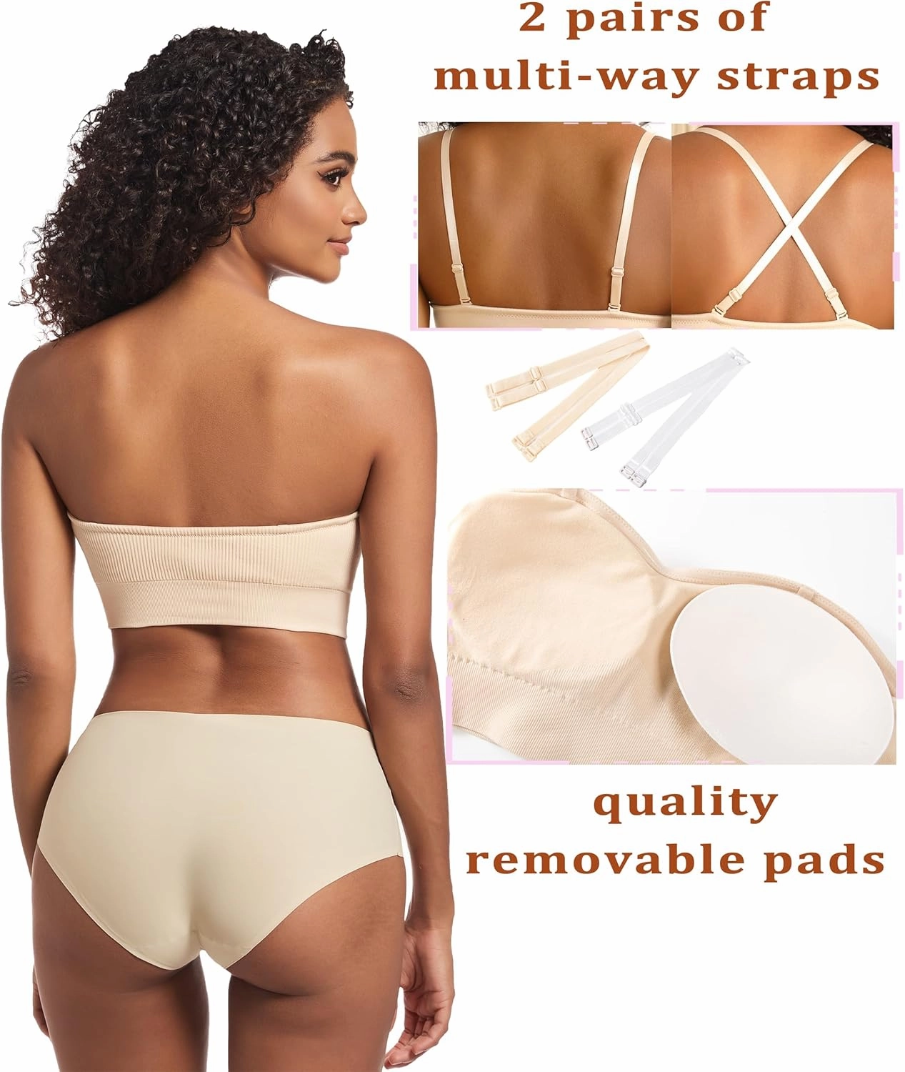 PRETTYWELL Strapless Bra for Women Ribbed Seamless Non-Slip Comfort Padded Wireless Bandeau Bras Wireless Tube Top Bra