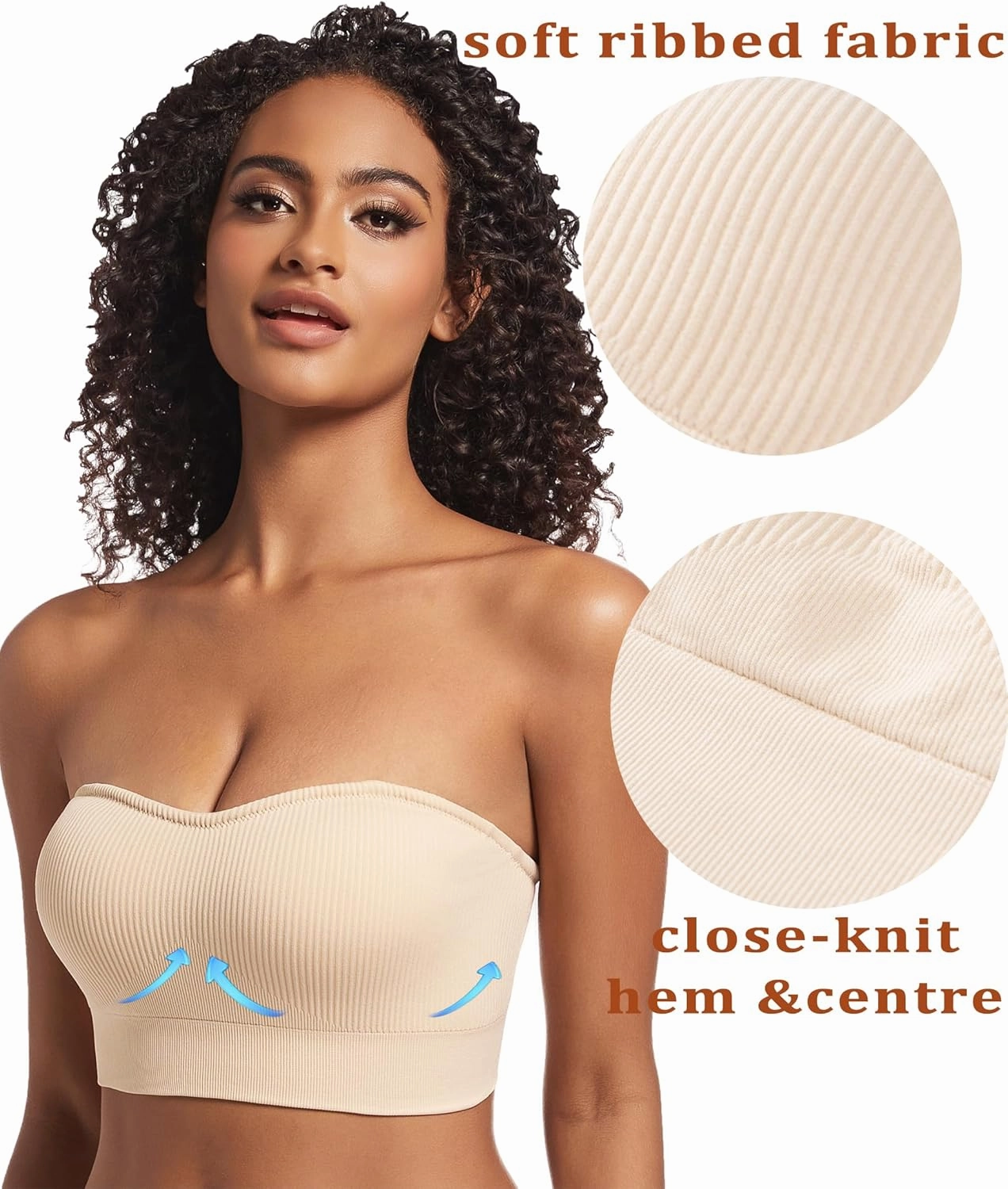 PRETTYWELL Strapless Bra for Women Ribbed Seamless Non-Slip Comfort Padded Wireless Bandeau Bras Wireless Tube Top Bra