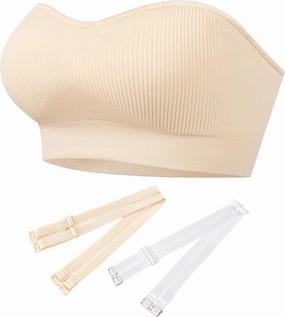 PRETTYWELL Strapless Bra for Women Ribbed Seamless Non-Slip Comfort Padded Wireless Bandeau Bras Wireless Tube Top Bra