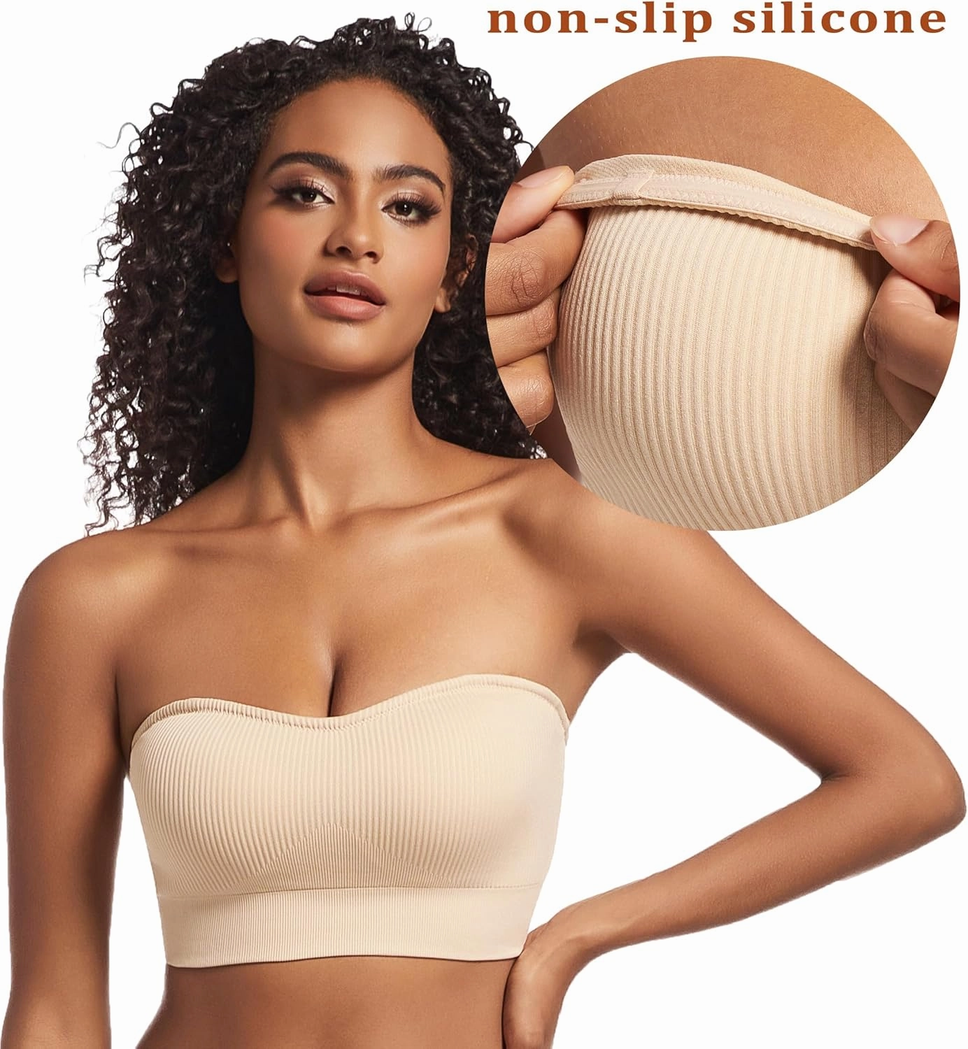PRETTYWELL Strapless Bra for Women Ribbed Seamless Non-Slip Comfort Padded Wireless Bandeau Bras Wireless Tube Top Bra