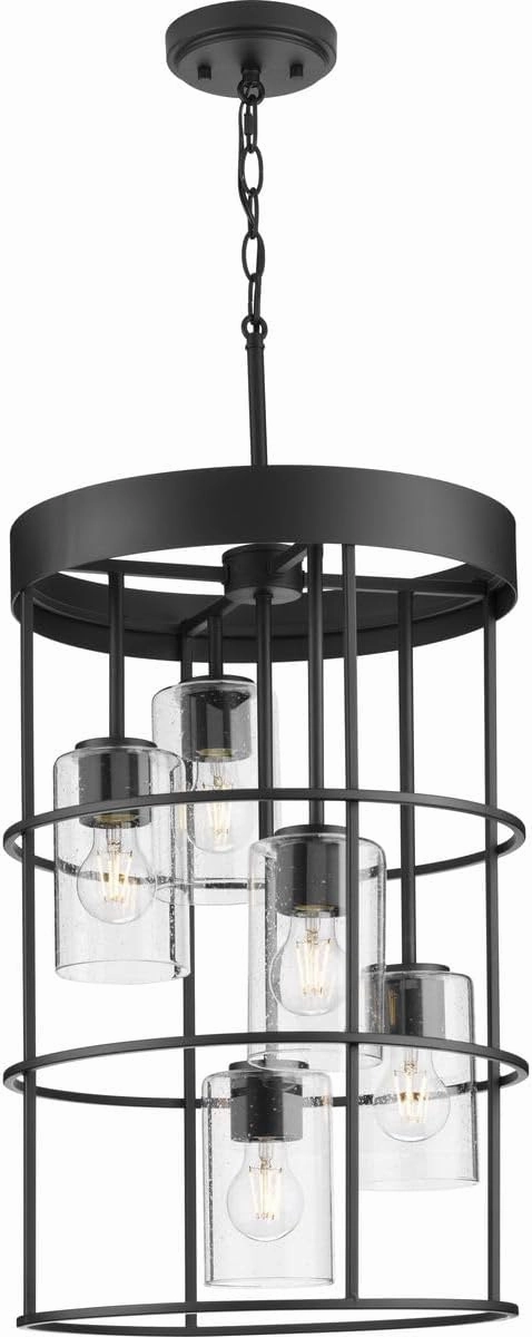 Progress Lighting P500402-31M Burgess Collection 15-1/2 in. Five-Light Matte Black Modern Farmhouse Hall & Foyer Light with Clear Seeded Glass Shades