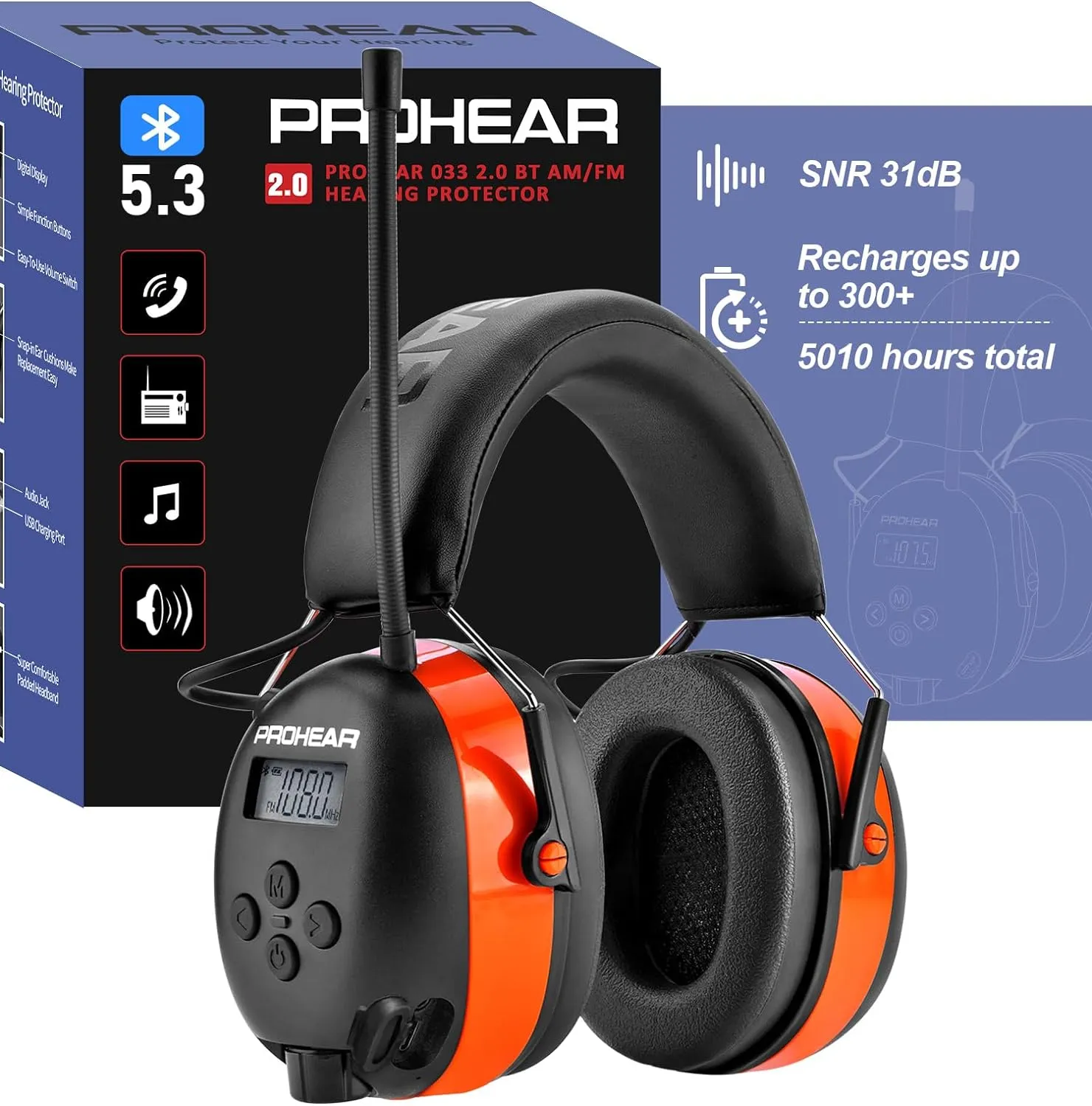 PROHEAR 033 2.0 Upgraded Bluetooth Hearing Protection AM FM Radio Headphones - 31SNR Noise Reduction Ear Muffs with Long-Lasting Stable Rechargeable Battery - 50 Hrs for Mowing Snowblowing - Orange