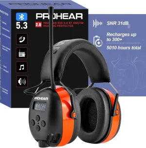 PROHEAR 033 2.0 Upgraded Bluetooth Hearing Protection AM FM Radio Headphones - 31SNR Noise Reduction Ear Muffs with Long-Lasting Stable Rechargeable Battery - 50 Hrs for Mowing Snowblowing - Orange