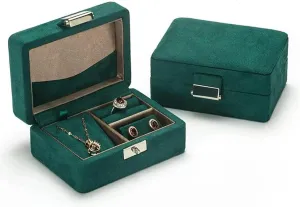 Protable Travel Jewelry Box Green Velvet Wooden Jewelry Case Small Jewelry Organizer Box Necklace Women Jewelry Storage Box (Green)
