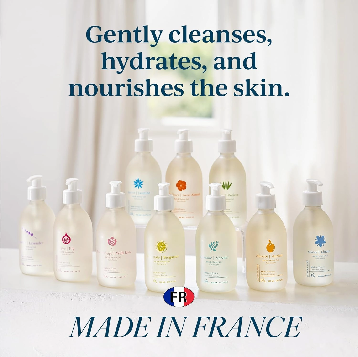 Provence Sante Cleansing Bath & Shower Gel - Moisturizing Almond Oil Body Wash for Dry Skin - Nourishing Exotic Jasmine Scent - Made in France - 10.2 Oz