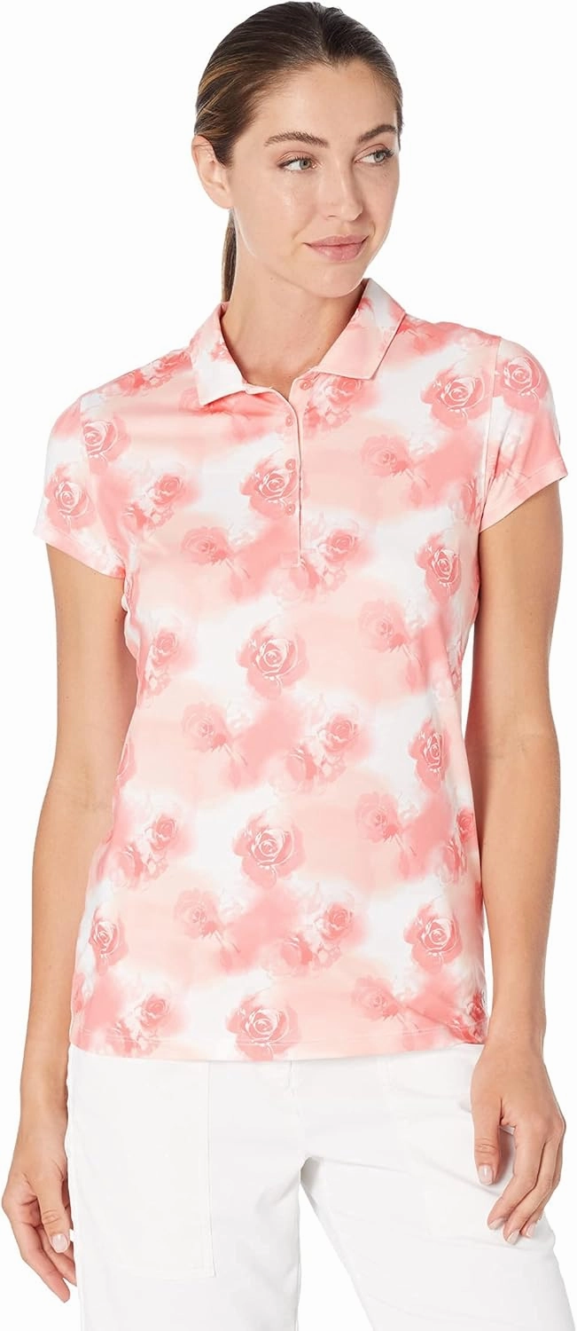PUMA GOLF Women's Standard Cloudspun Watercolor Floral Polo, Georgia Peach-Ignite Pink, Small