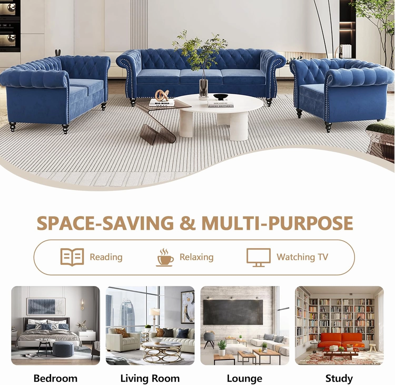 QHITTY 2 Piece Living Room Set, Sectional Chesterfield Sofa Chair Contemporary Upholstered Velvet Loveseat Couch Sets for Living Room, Bedroom, Office
