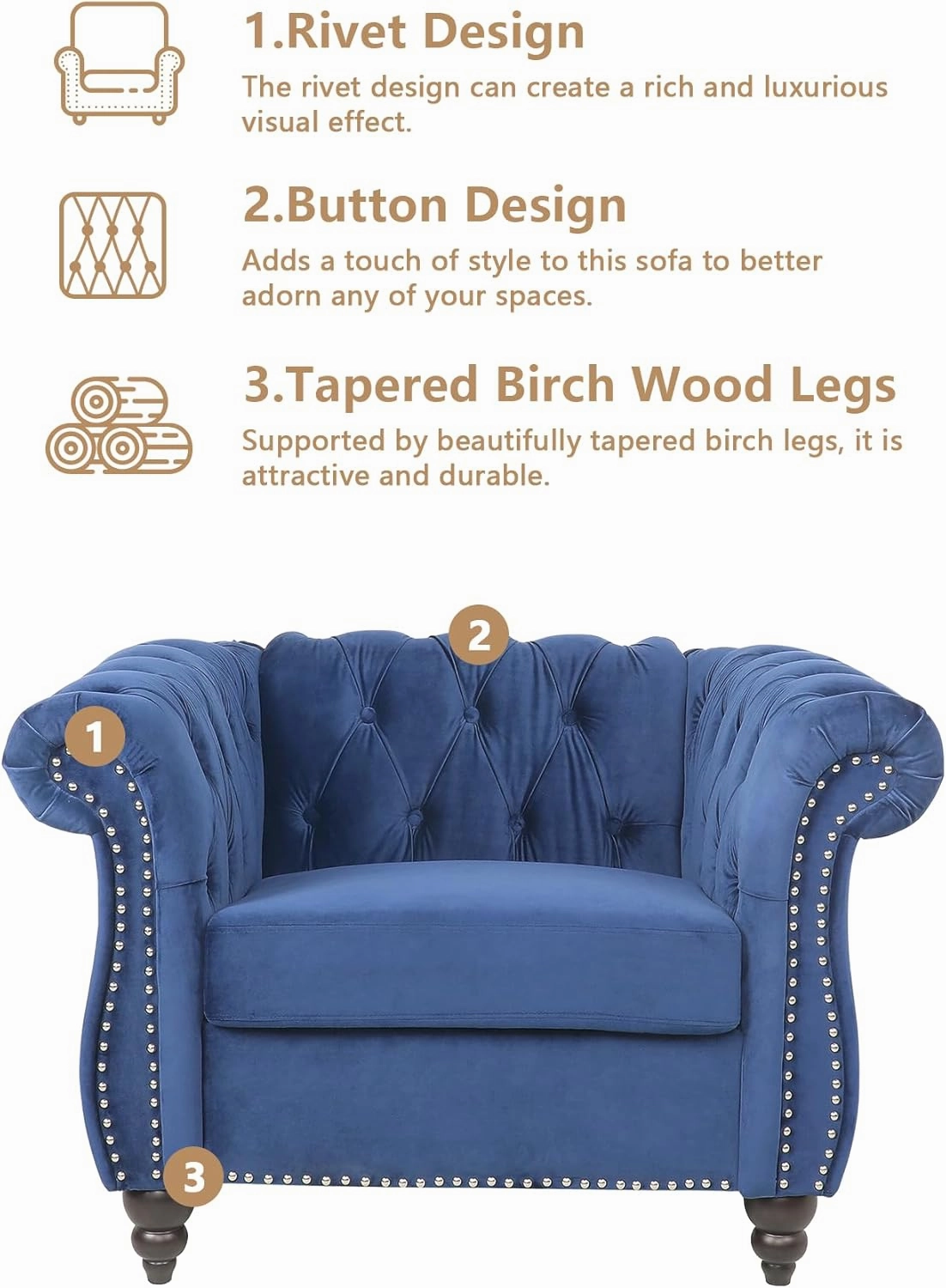 QHITTY 2 Piece Living Room Set, Sectional Chesterfield Sofa Chair Contemporary Upholstered Velvet Loveseat Couch Sets for Living Room, Bedroom, Office