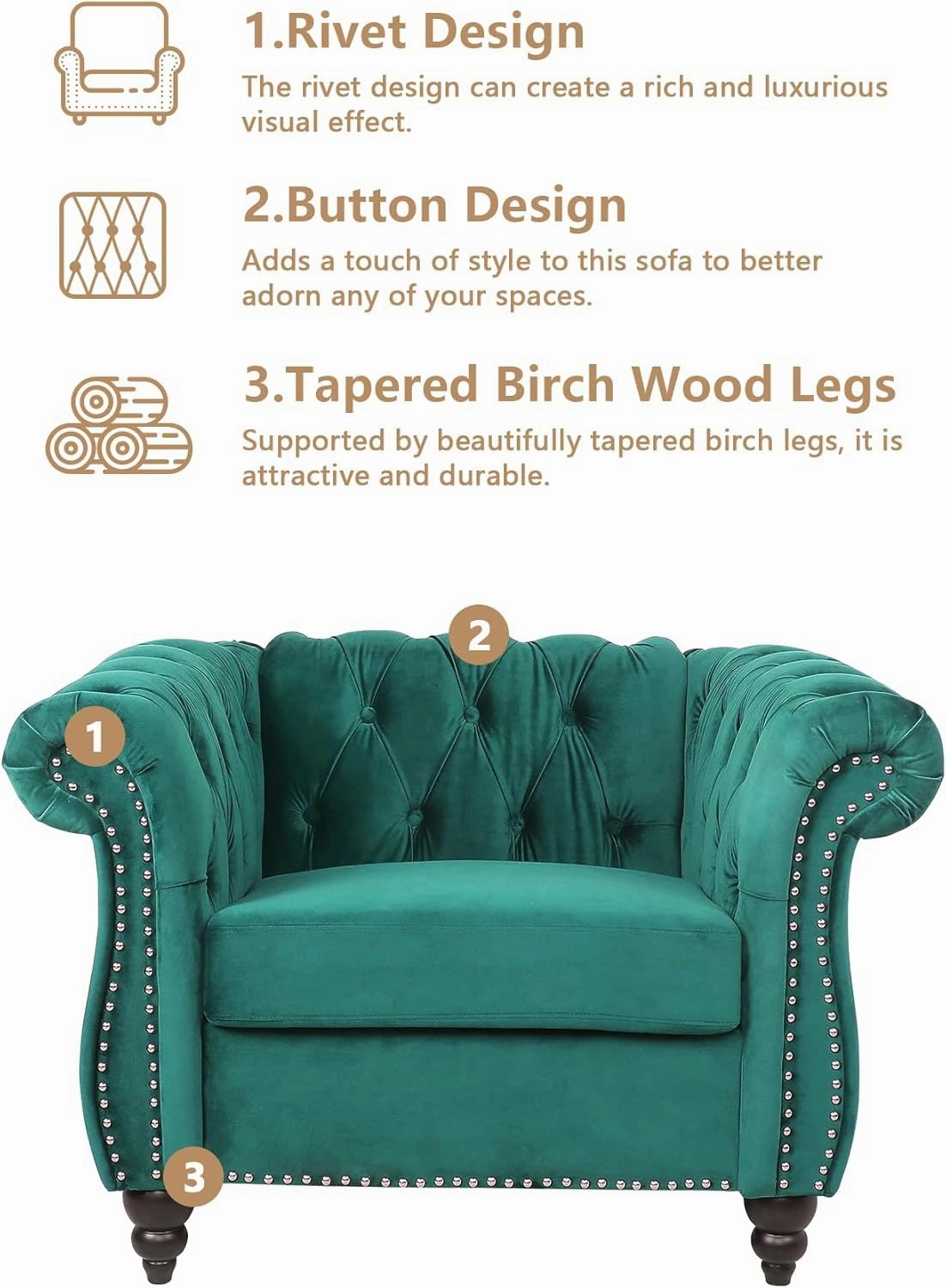 QHITTY 3 Piece Living Room Set, Sectional Chesterfield Sofa Chair Contemporary Upholstered Velvet Loveseat Couch Sets for Living Room, Bedroom, Office