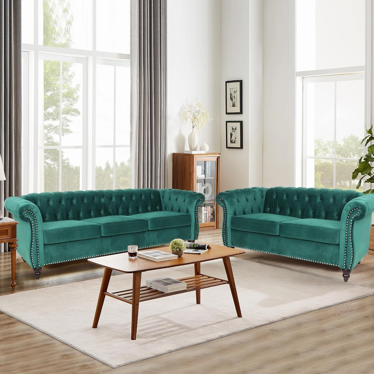 QHITTY 3 Piece Living Room Set, Sectional Chesterfield Sofa Chair Contemporary Upholstered Velvet Loveseat Couch Sets for Living Room, Bedroom, Office