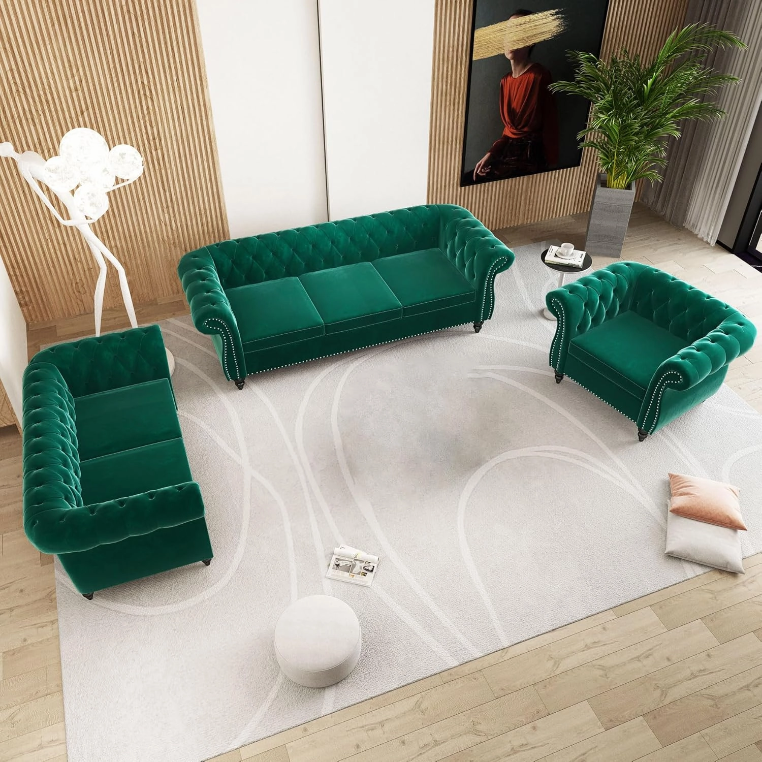 QHITTY 3 Piece Living Room Set, Sectional Chesterfield Sofa Chair Contemporary Upholstered Velvet Loveseat Couch Sets for Living Room, Bedroom, Office