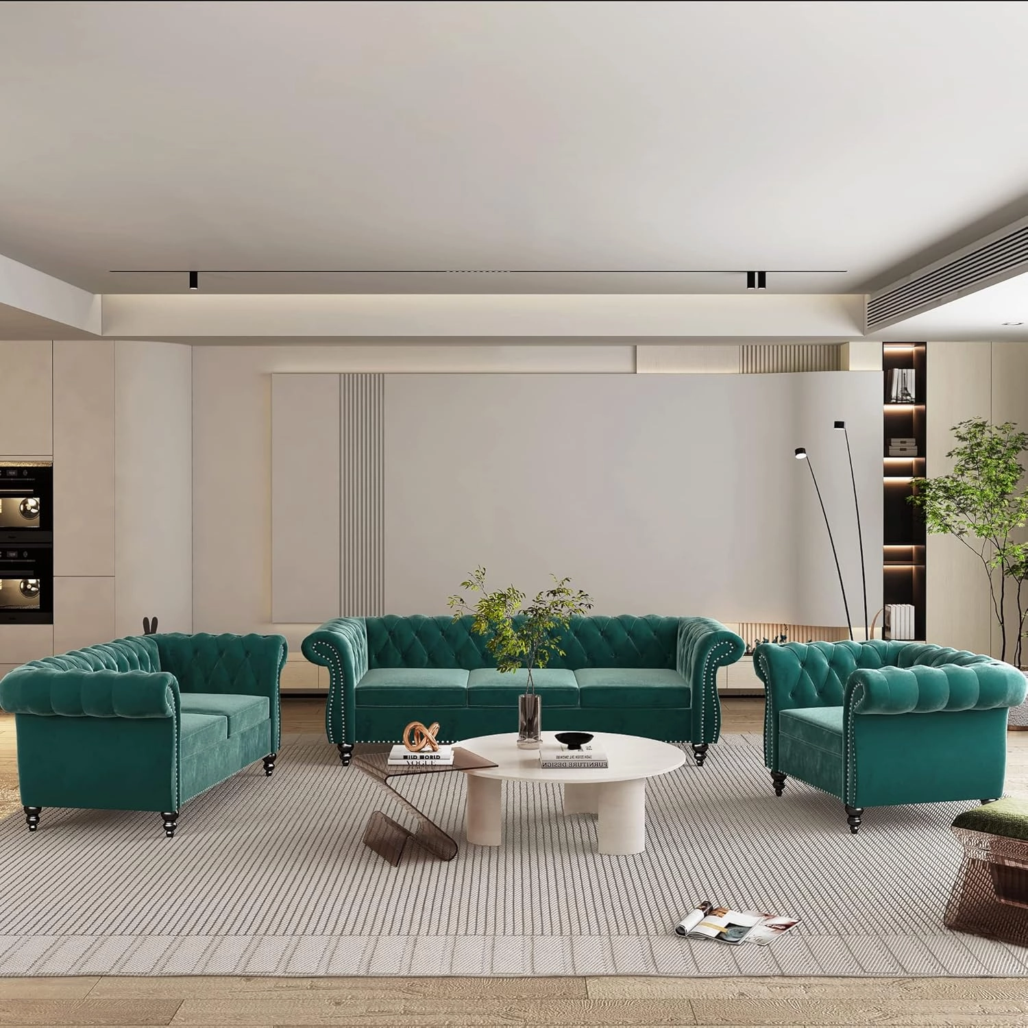 QHITTY 3 Piece Living Room Set, Sectional Chesterfield Sofa Chair Contemporary Upholstered Velvet Loveseat Couch Sets for Living Room, Bedroom, Office