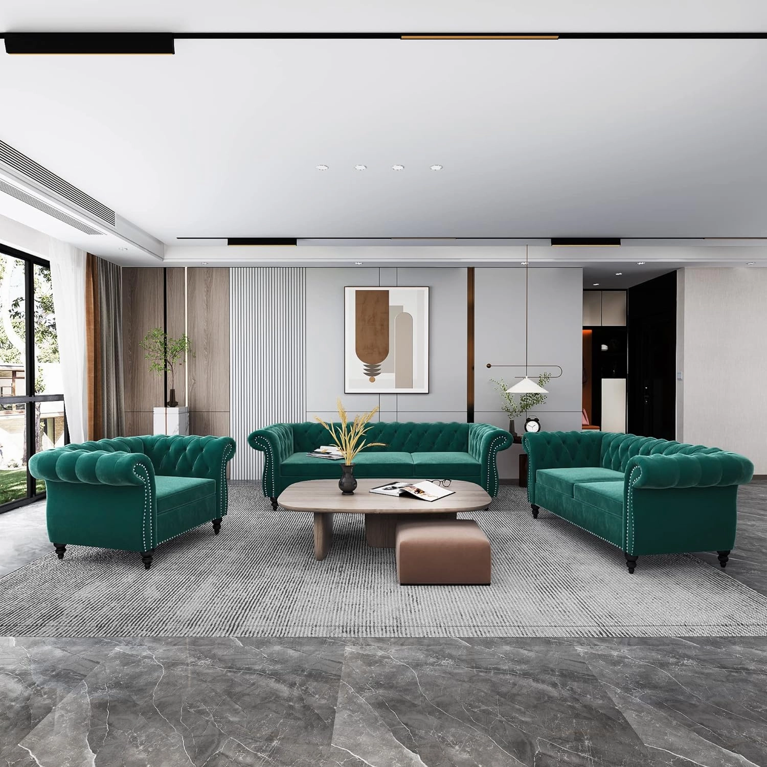 QHITTY 3 Piece Living Room Set, Sectional Chesterfield Sofa Chair Contemporary Upholstered Velvet Loveseat Couch Sets for Living Room, Bedroom, Office