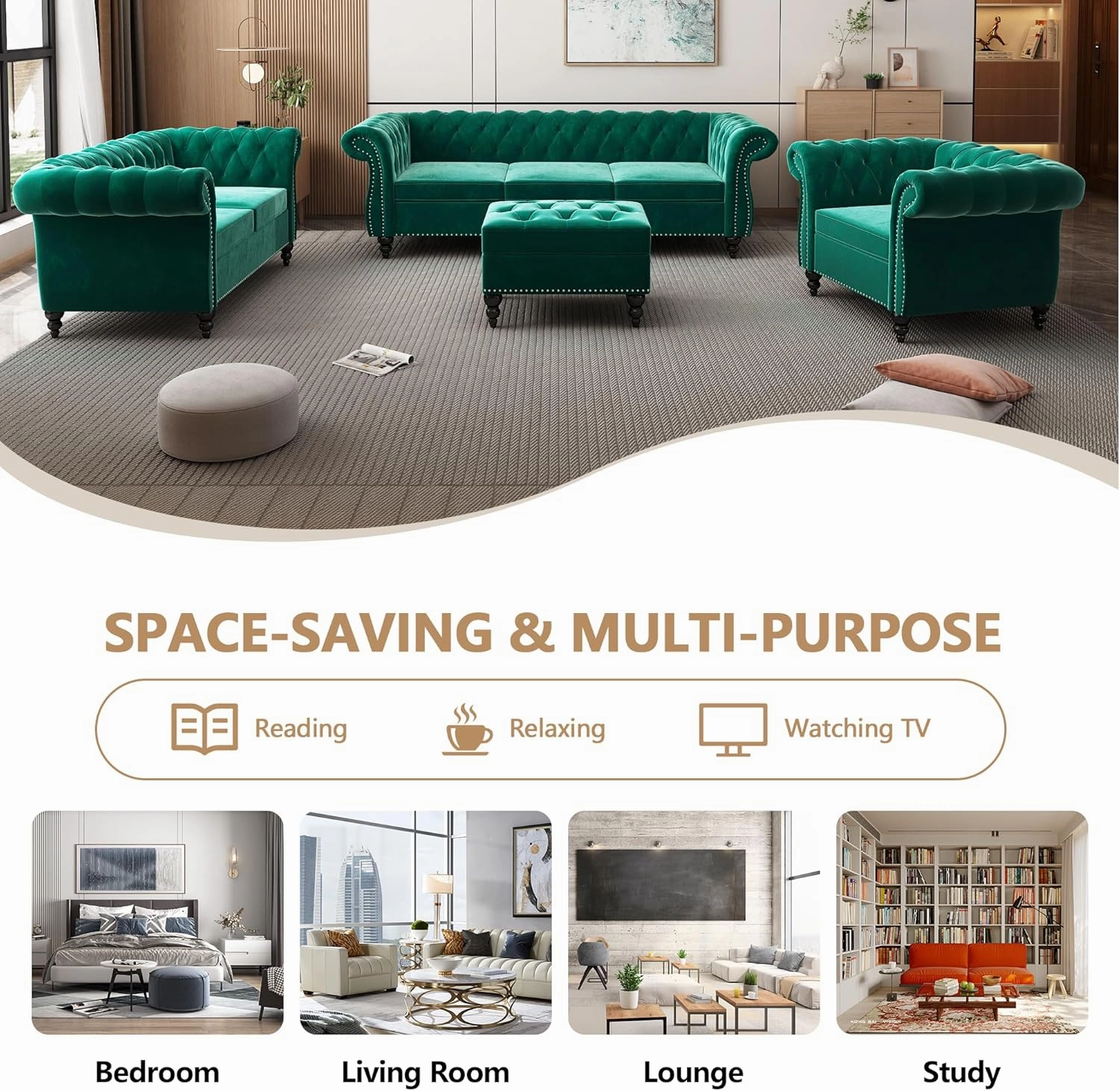 QHITTY 3 Piece Living Room Set, Sectional Chesterfield Sofa Chair Contemporary Upholstered Velvet Loveseat Couch Sets for Living Room, Bedroom, Office