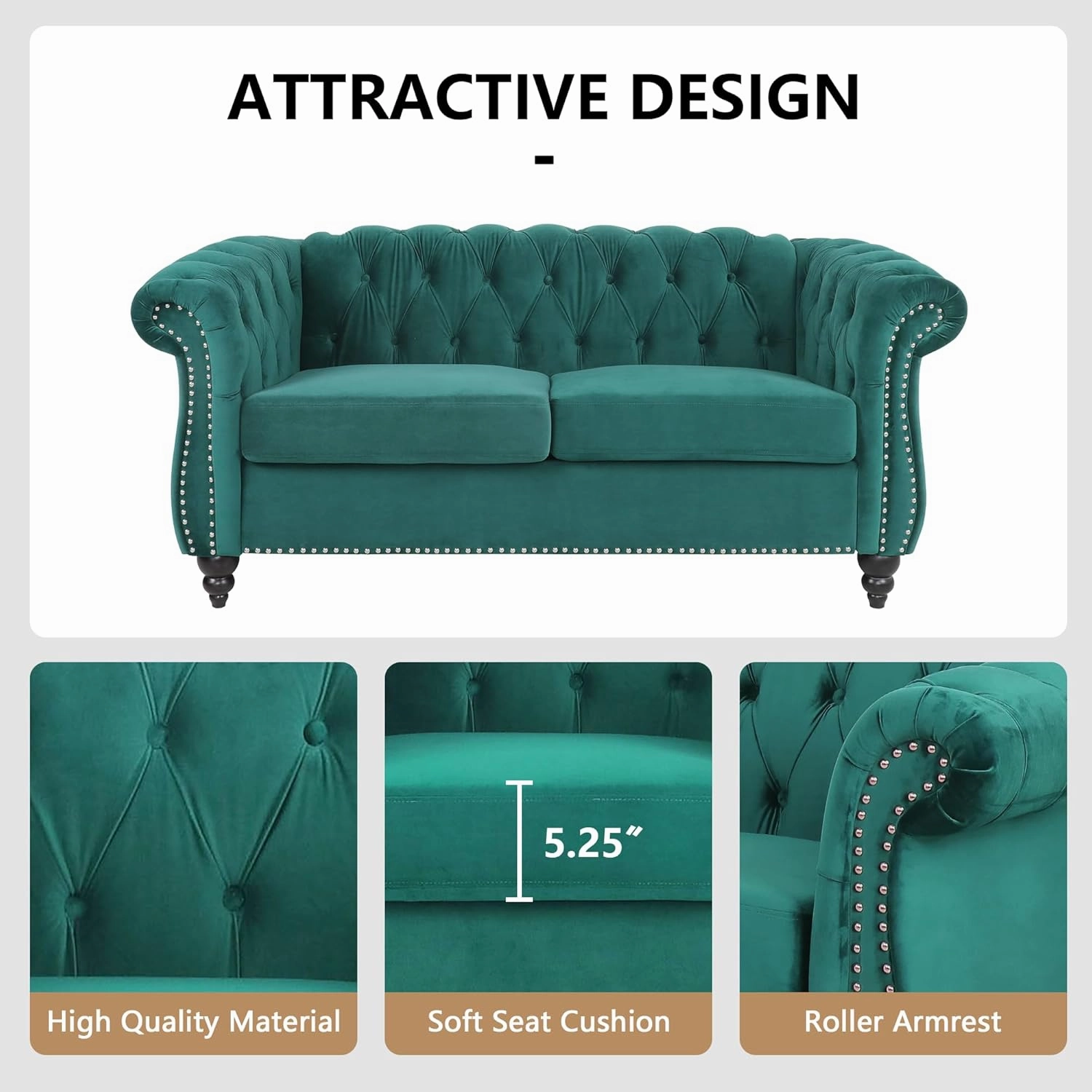 QHITTY 3 Piece Living Room Set, Sectional Chesterfield Sofa Chair Contemporary Upholstered Velvet Loveseat Couch Sets for Living Room, Bedroom, Office