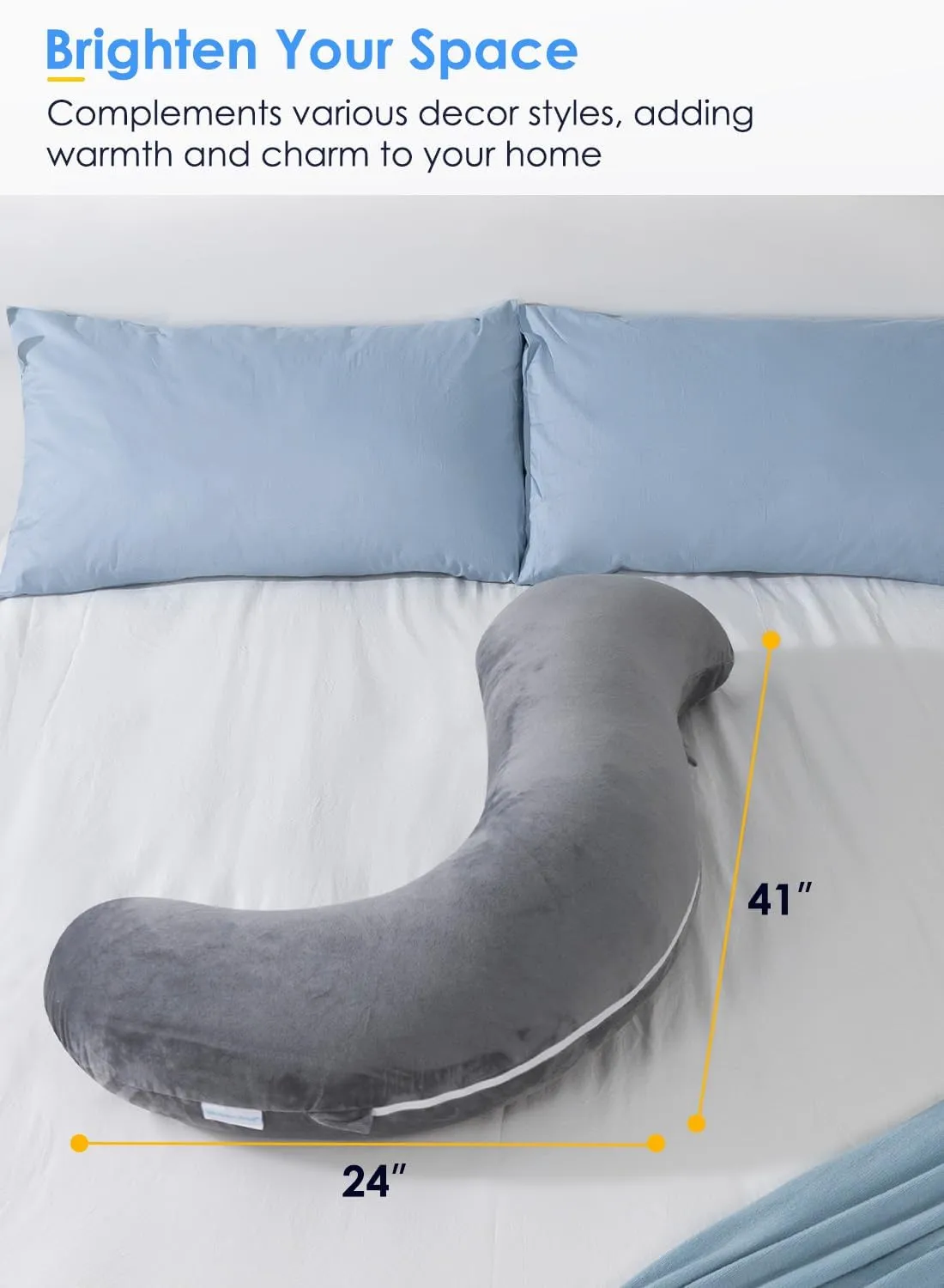 QUEEN ROSE Body Pillow for Side Sleepers, Soft Comfort S Shaped Hug Pillow for Adults, Full Body Support, Velvet Grey