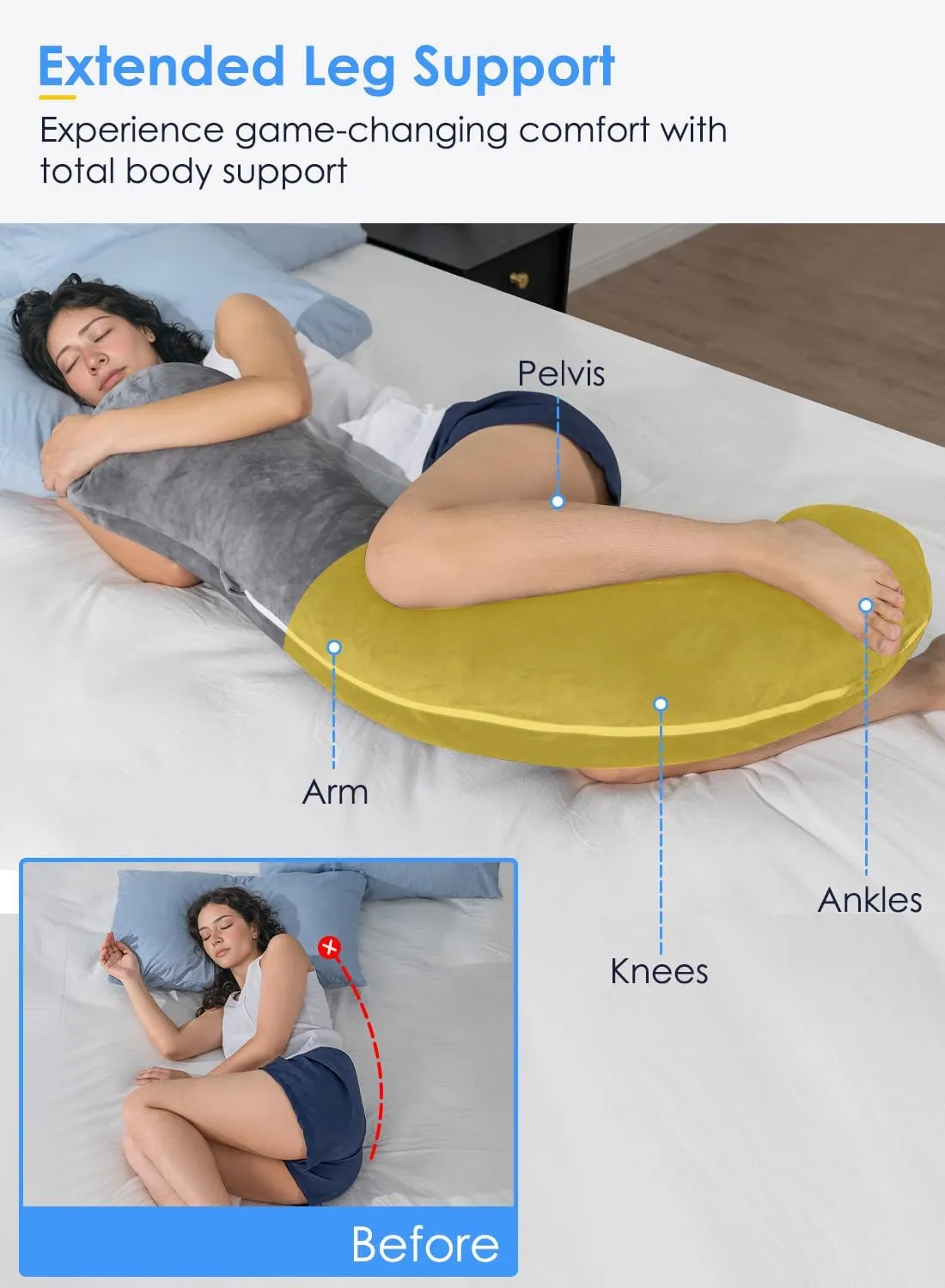 QUEEN ROSE Body Pillow for Side Sleepers, Soft Comfort S Shaped Hug Pillow for Adults, Full Body Support, Velvet Grey