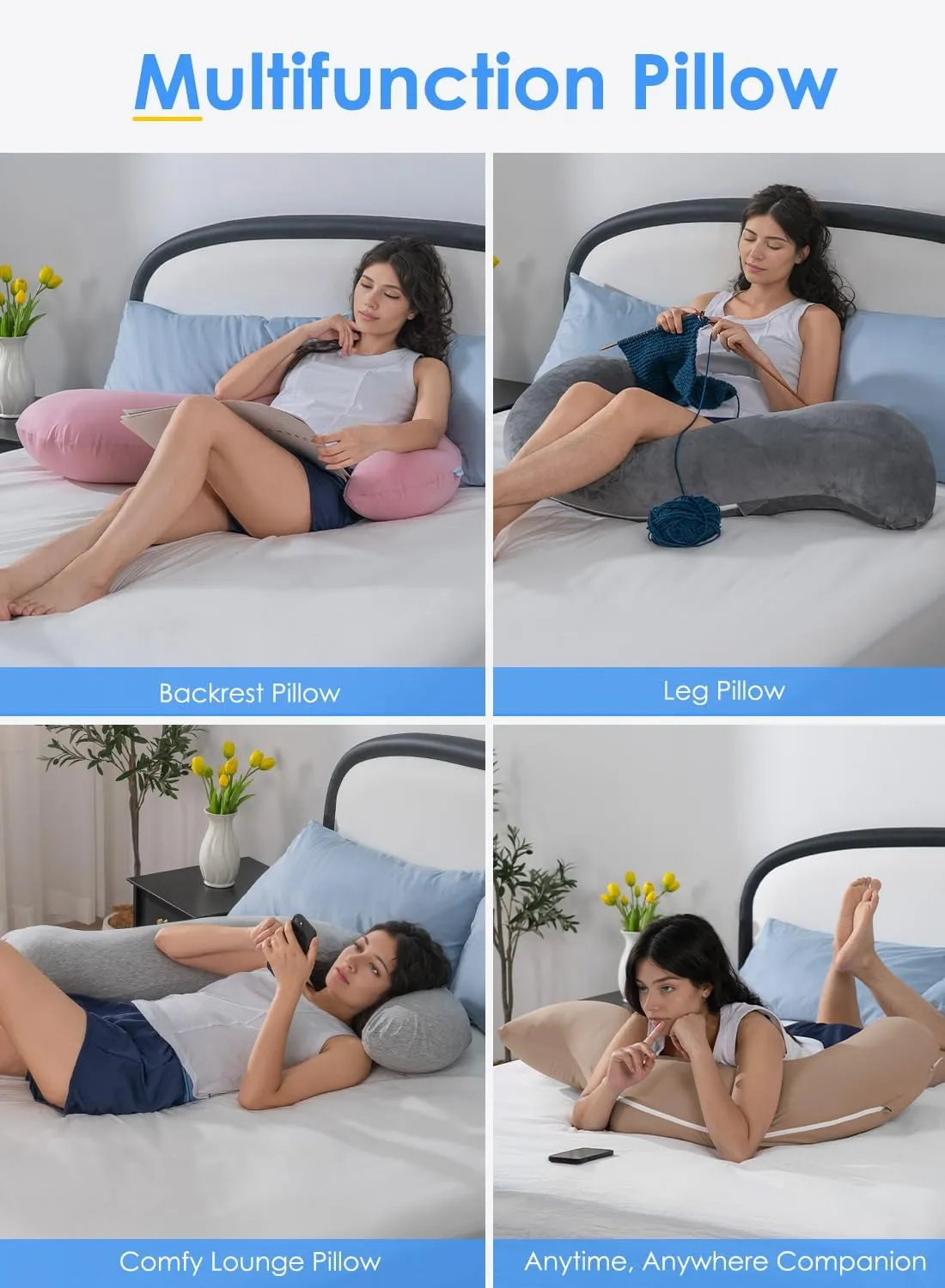 QUEEN ROSE Body Pillow for Side Sleepers, Soft Comfort S Shaped Hug Pillow for Adults, Full Body Support, Velvet Grey