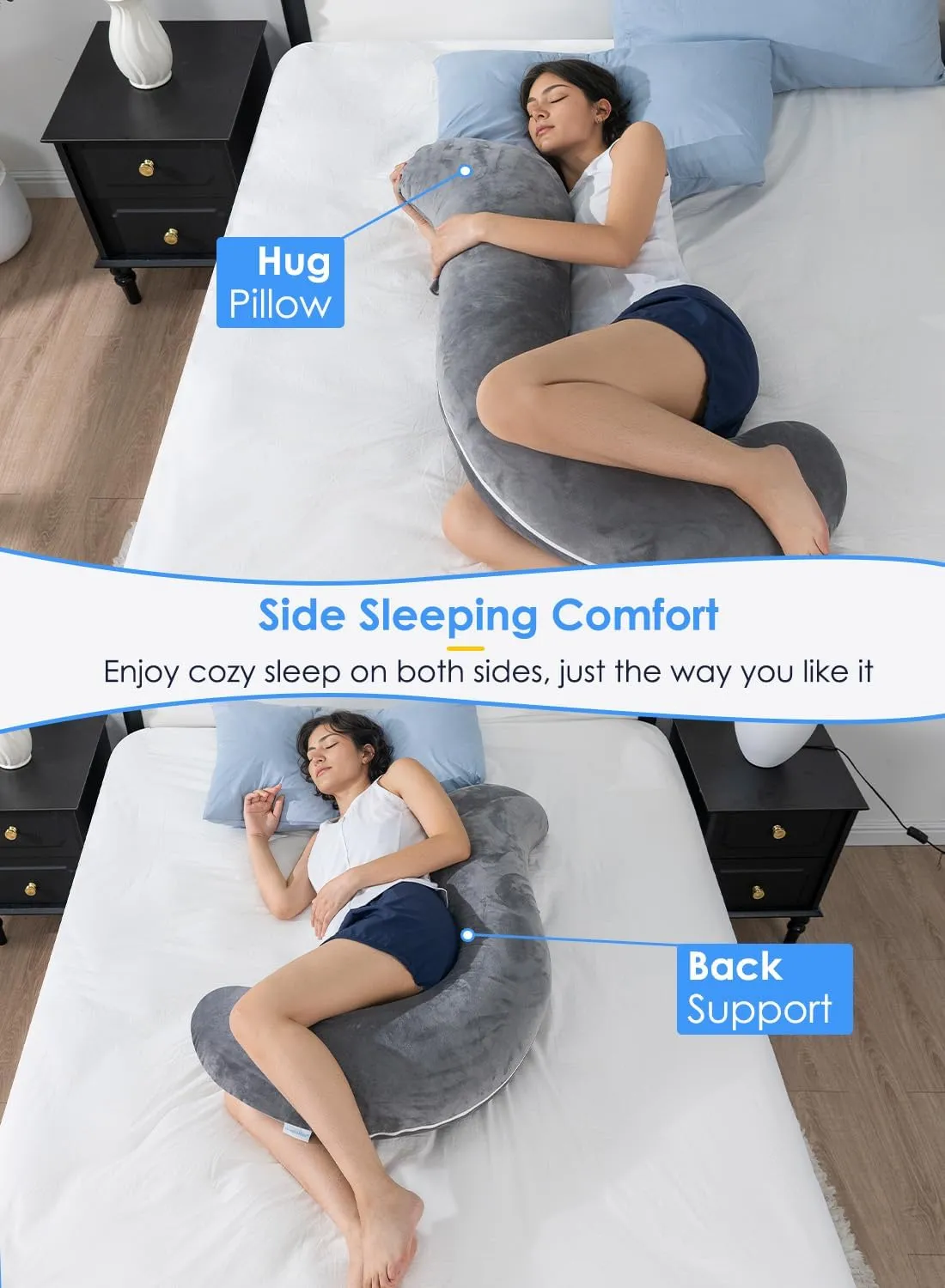 QUEEN ROSE Body Pillow for Side Sleepers, Soft Comfort S Shaped Hug Pillow for Adults, Full Body Support, Velvet Grey