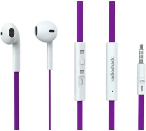 RadioShack Stereo Earphones with Cord, Wired Earbuds with Microphone and Volume Control Buttons, Soft Silicone Tips for Comfortable Extended Wear and Secure Fit, Purple and White