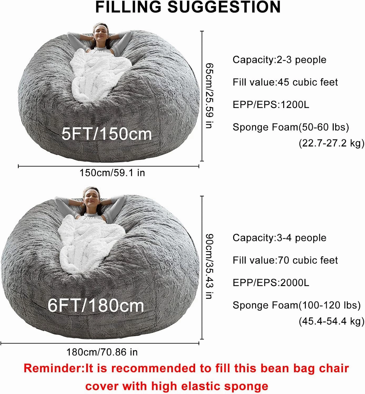 RAINBEAN Bean Bag Chair Cover(it was only a Cover, not a Full Bean Bag), Big Round Soft Fluffy PV Velvet Sofa Bed Cover, Living Room Furniture, Lazy Sofa Bed Cover,5ft dark grey(Cover only,No Filler).