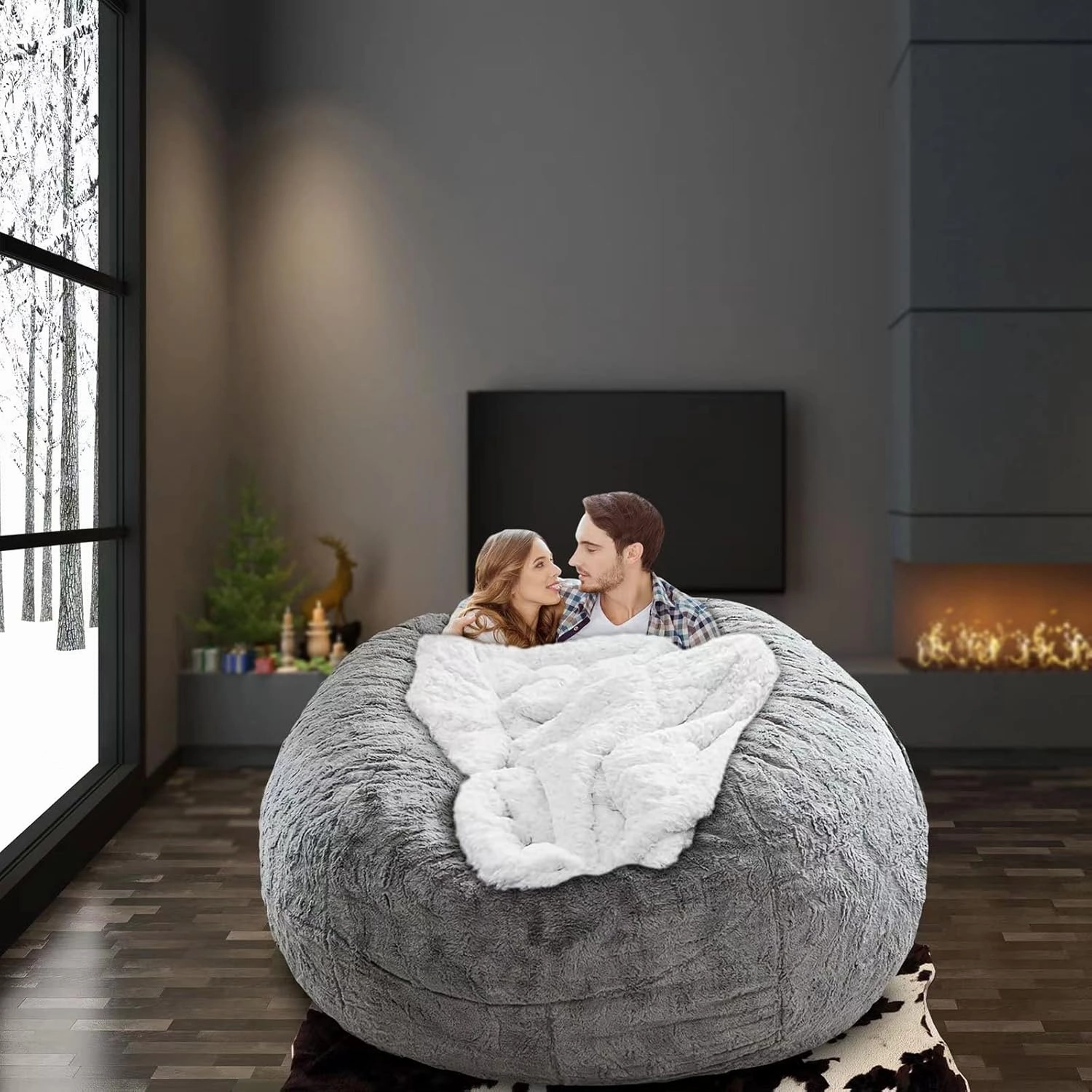 RAINBEAN Bean Bag Chair Cover(it was only a Cover, not a Full Bean Bag) Chair Cushion, Big Round Soft Fluffy PV Velvet Sofa Bed Cover, Living Room Furniture, Lazy Sofa Bed Cover,5ft Light Grey