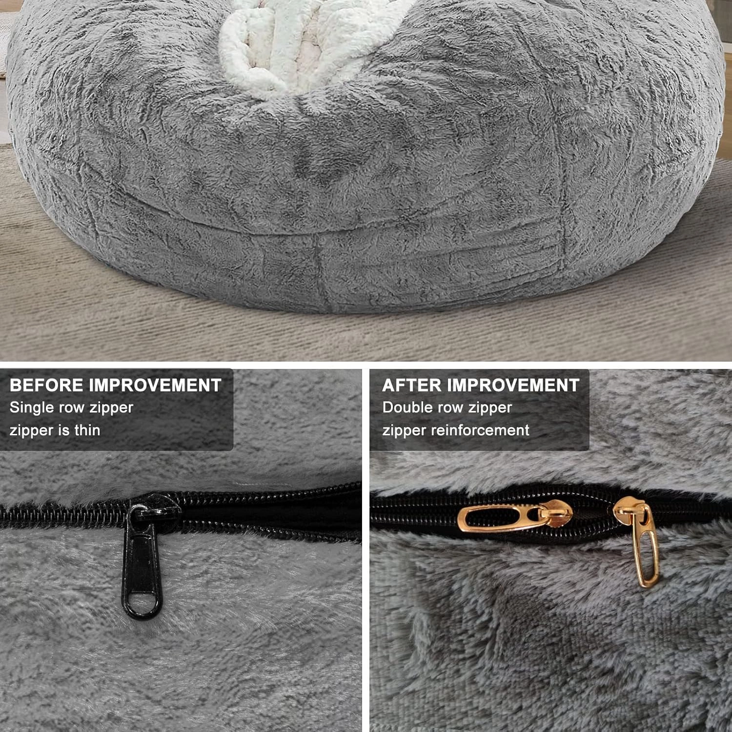 RAINBEAN Bean Bag Chair Cover(it was only a Cover, not a Full Bean Bag) Chair Cushion, Big Round Soft Fluffy PV Velvet Sofa Bed Cover, Living Room Furniture, Lazy Sofa Bed Cover,5ft Light Grey