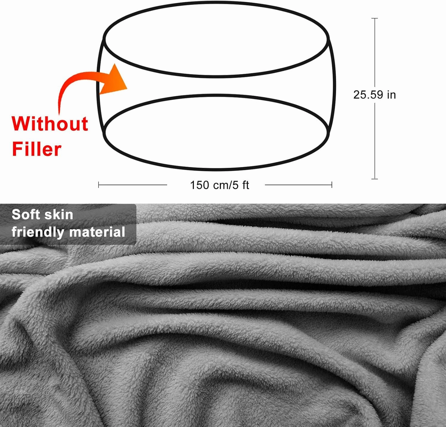 RAINBEAN Bean Bag Chair Cover(it was only a Cover, not a Full Bean Bag) Chair Cushion, Big Round Soft Fluffy PV Velvet Sofa Bed Cover, Living Room Furniture, Lazy Sofa Bed Cover,5ft Light Grey