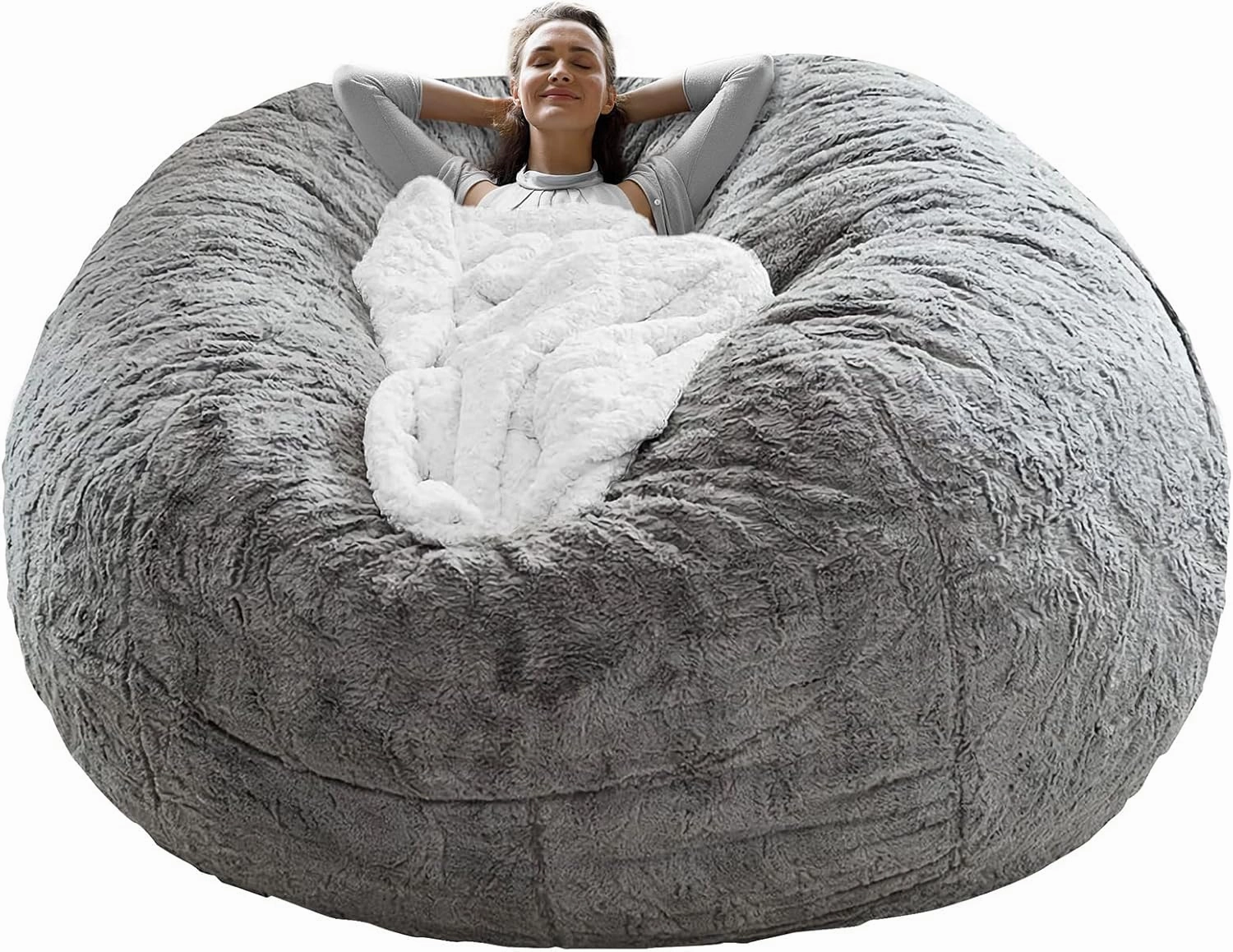 RAINBEAN Bean Bag Chair Cover(it was only a Cover, not a Full Bean Bag) Chair Cushion, Big Round Soft Fluffy PV Velvet Sofa Bed Cover, Living Room Furniture, Lazy Sofa Bed Cover,5ft Light Grey