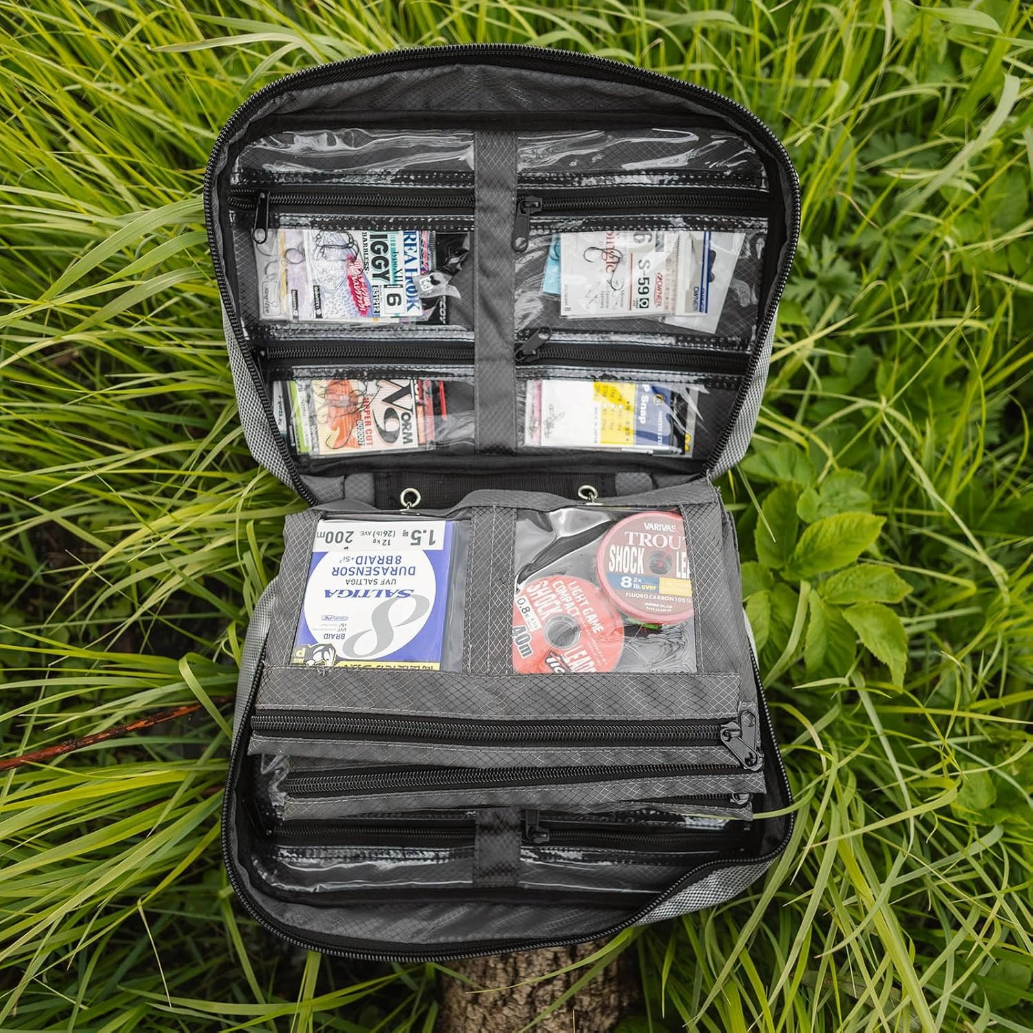 Raprance Soft Plastic Bait Storage Bag 6 Soft Bait Binder Compartments Water-Resistant Tackle Binder Organize for Lines, Hooks, Sinkers（Blue）