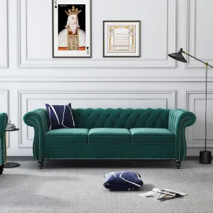 RARZOE Chesterfield Classic Sofa, Mordern 3 Seater Velvet Sofa Couch, Tufted Back Chesterfield Settee Sofas with Nailhead Trim Scroll Arms for Living Room Apartment(Green)