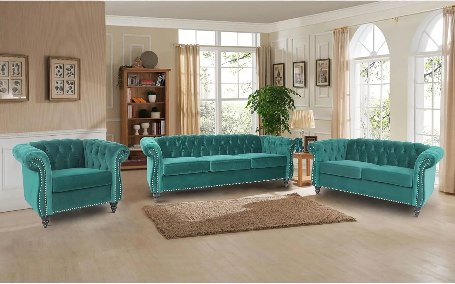RARZOE Chesterfield Classic Sofa, Mordern 3 Seater Velvet Sofa Couch, Tufted Back Chesterfield Settee Sofas with Nailhead Trim Scroll Arms for Living Room Apartment(Green)