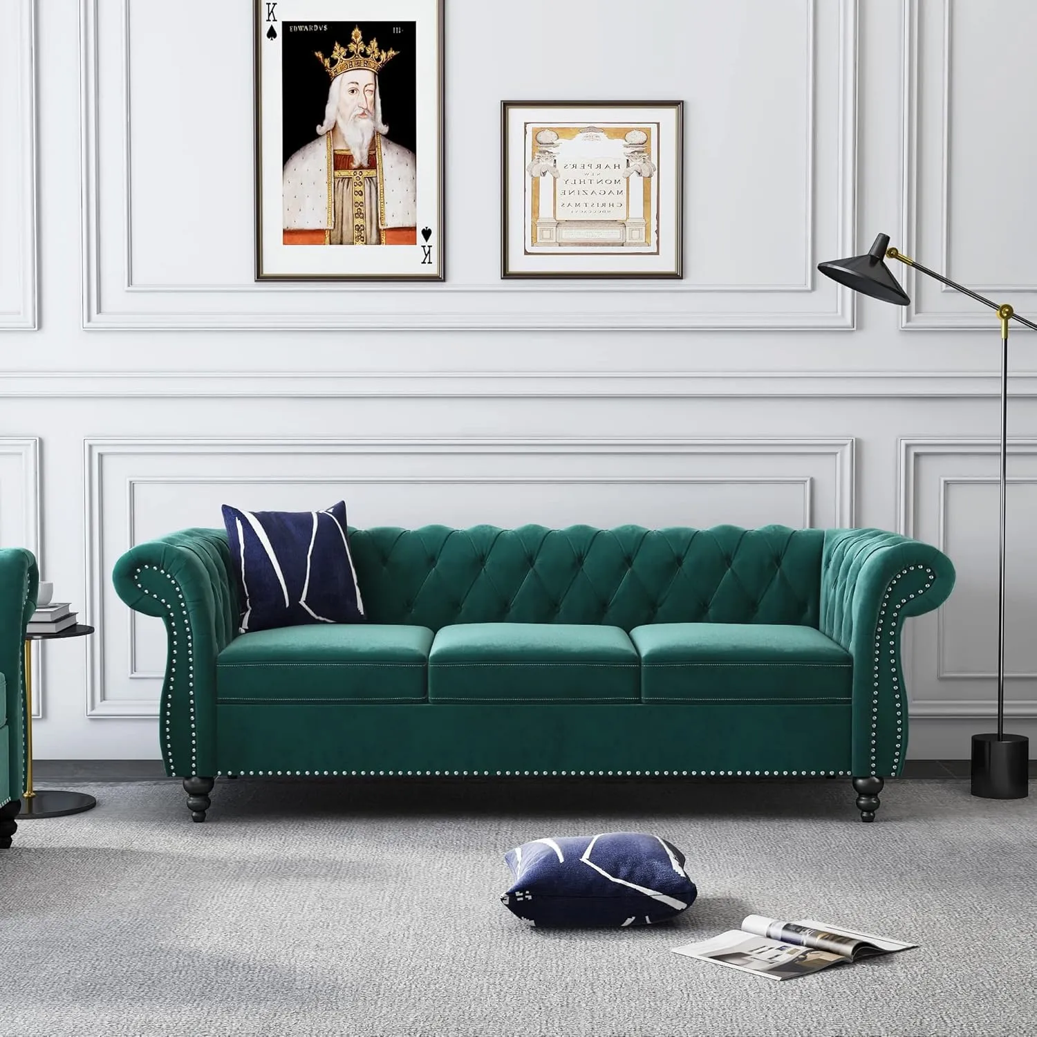 RARZOE Chesterfield Classic Sofa, Mordern 3 Seater Velvet Sofa Couch, Tufted Back Chesterfield Settee Sofas with Nailhead Trim Scroll Arms for Living Room Apartment(Green)
