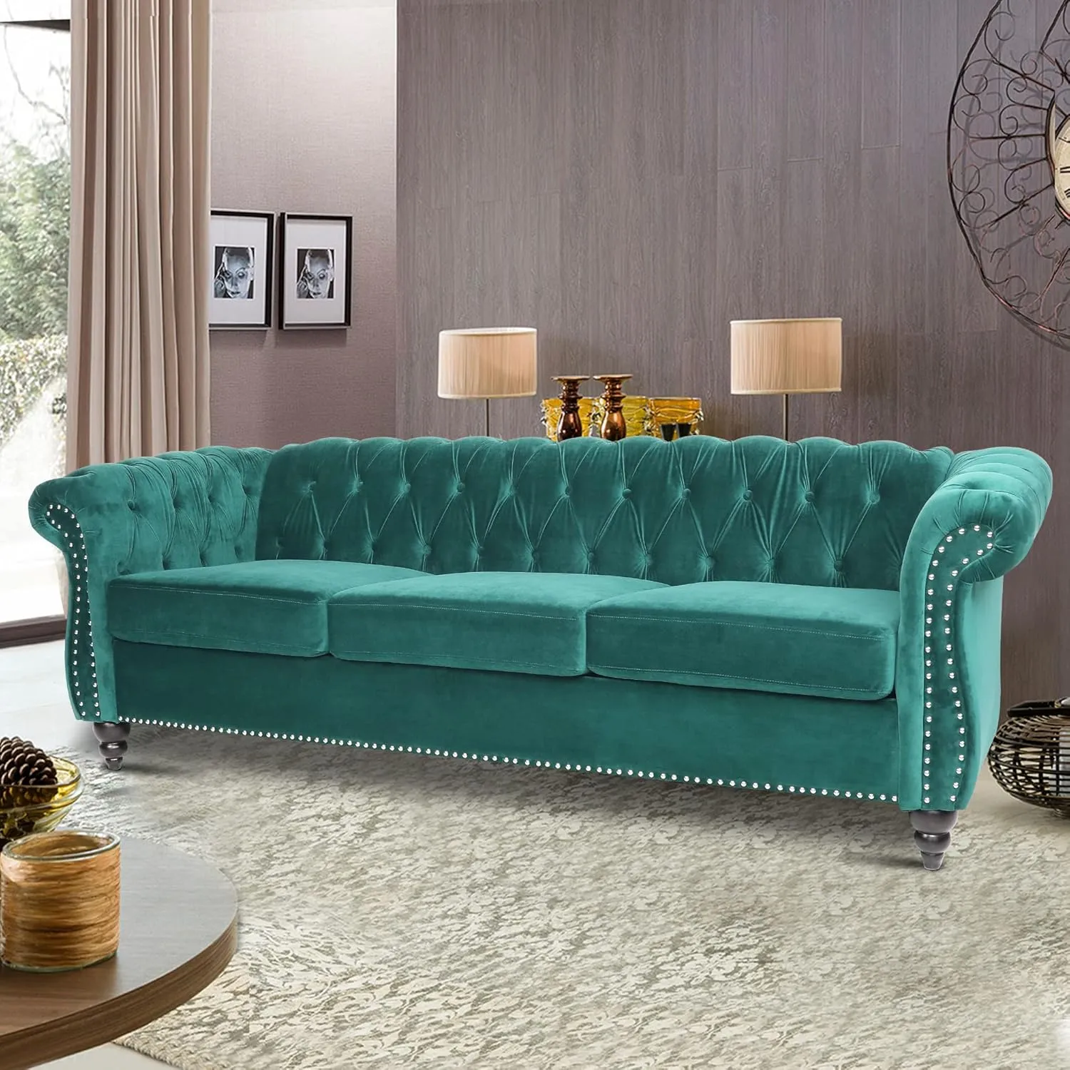 RARZOE Chesterfield Classic Sofa, Mordern 3 Seater Velvet Sofa Couch, Tufted Back Chesterfield Settee Sofas with Nailhead Trim Scroll Arms for Living Room Apartment(Green)