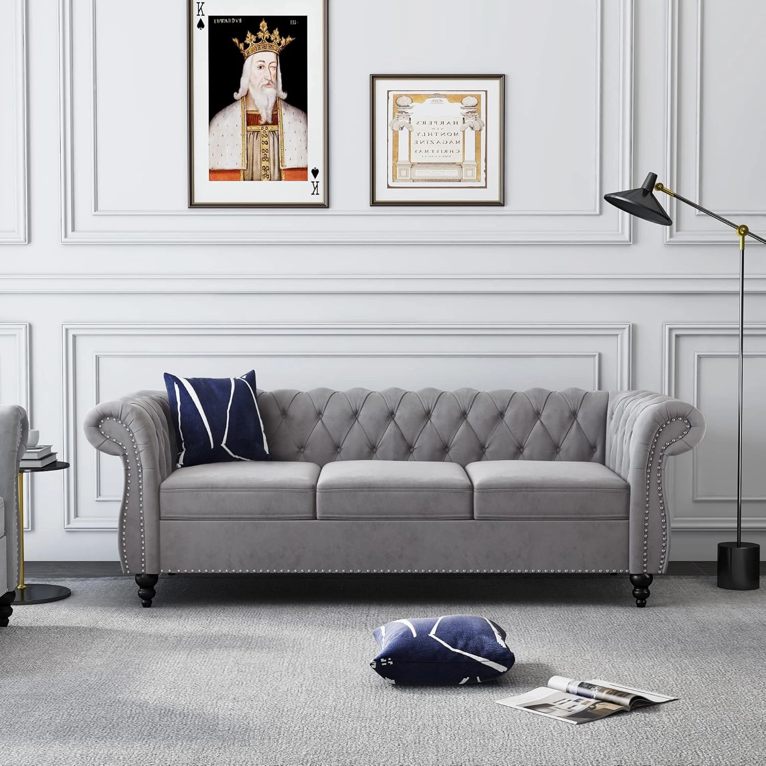 RARZOE Chesterfield Classic Sofa, Mordern 3 Seater Velvet Sofa Couch, Tufted Back Chesterfield Settee Sofas with Nailhead Trim Scroll Arms for Living Room Apartment(Grey)
