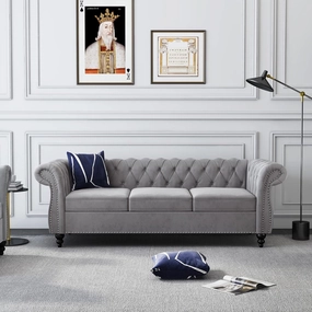 RARZOE Chesterfield Classic Sofa, Mordern 3 Seater Velvet Sofa Couch, Tufted Back Chesterfield Settee Sofas with Nailhead Trim Scroll Arms for Living Room Apartment(Grey)