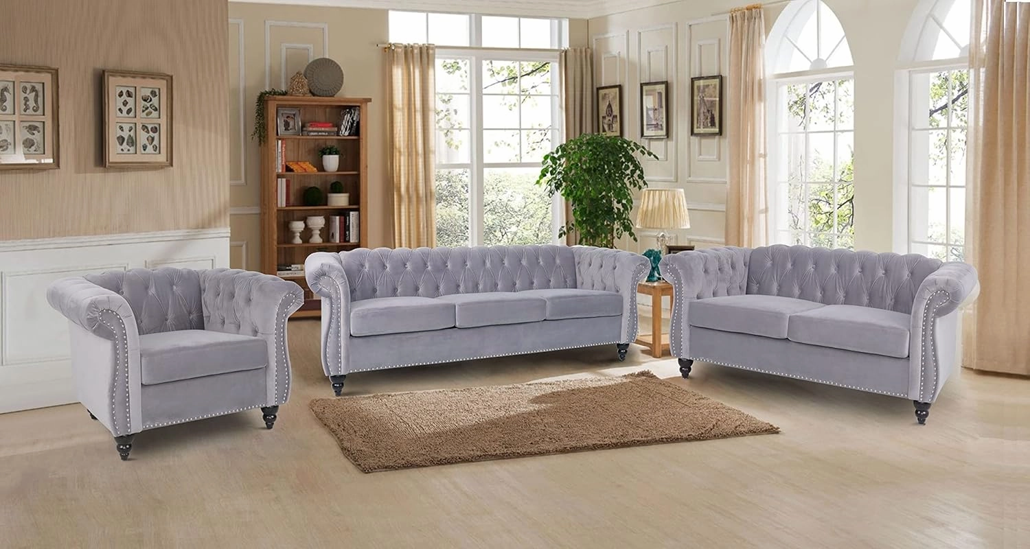 RARZOE Chesterfield Classic Sofa, Mordern 3 Seater Velvet Sofa Couch, Tufted Back Chesterfield Settee Sofas with Nailhead Trim Scroll Arms for Living Room Apartment(Grey)