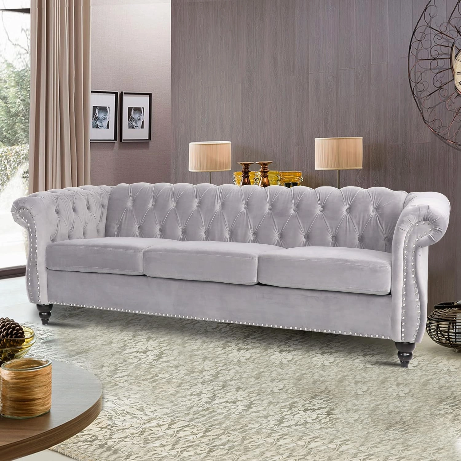 RARZOE Chesterfield Classic Sofa, Mordern 3 Seater Velvet Sofa Couch, Tufted Back Chesterfield Settee Sofas with Nailhead Trim Scroll Arms for Living Room Apartment(Grey)