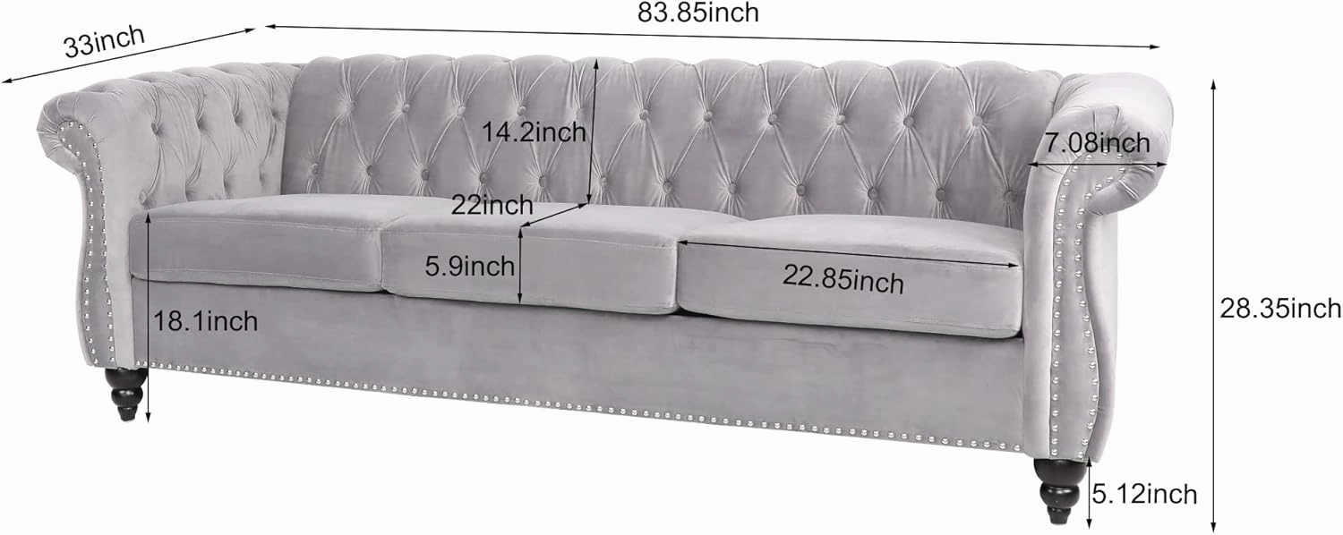 RARZOE Chesterfield Classic Sofa, Mordern 3 Seater Velvet Sofa Couch, Tufted Back Chesterfield Settee Sofas with Nailhead Trim Scroll Arms for Living Room Apartment(Grey)