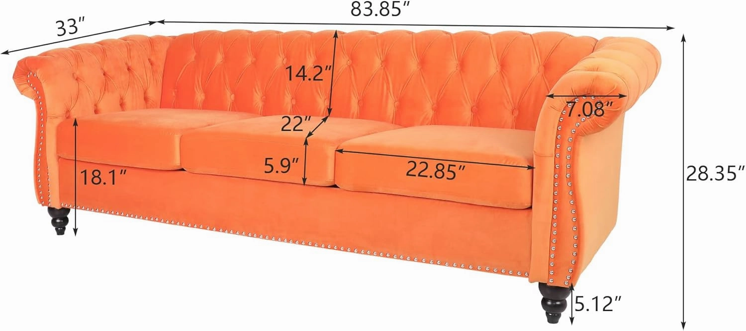 RARZOE Chesterfield Classic Sofa, Mordern 3 Seater Velvet Sofa Couch, Tufted Back Chesterfield Settee Sofas with Nailhead Trim Scroll Arms for Living Room Apartment(Orange)